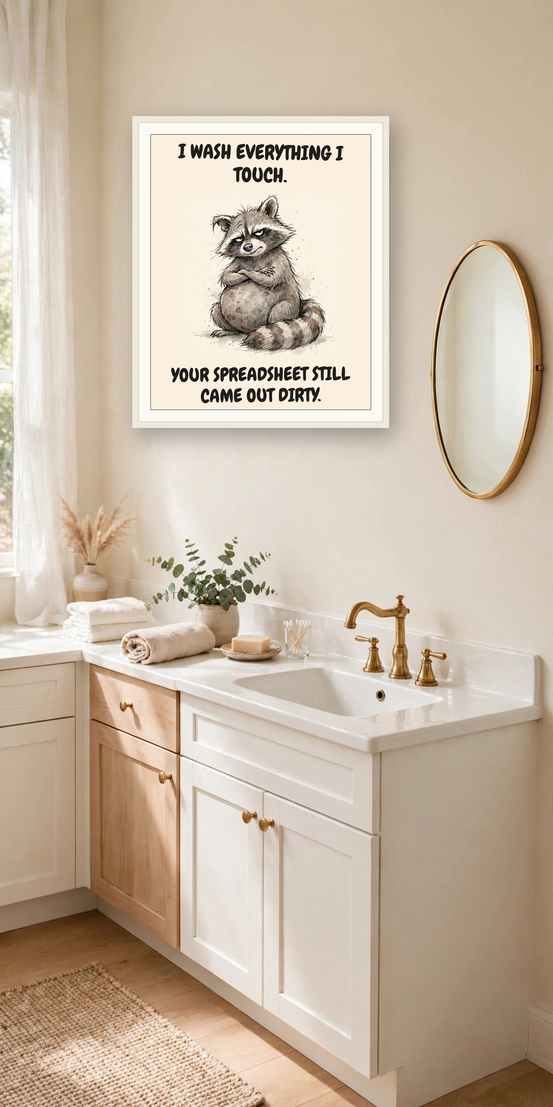 The same print shown hanging in an office — frame for display only, not included