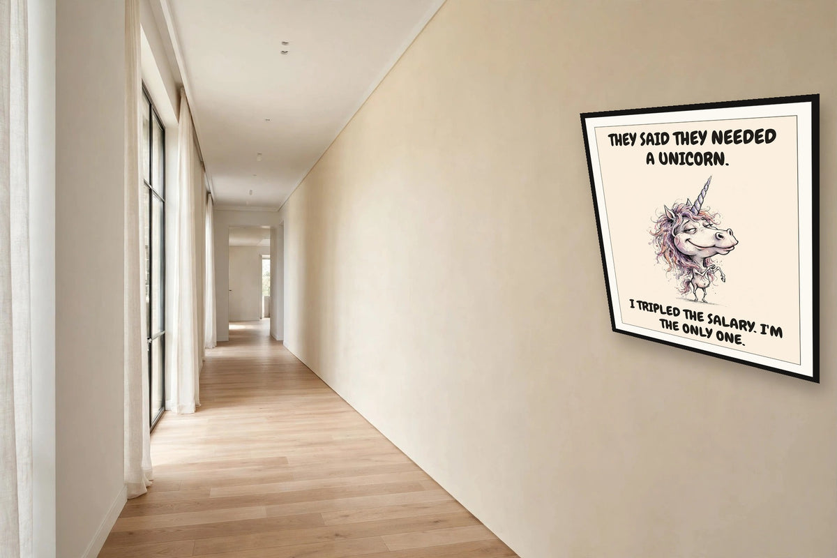 The same print shown hanging in an office — frame for display only, not included