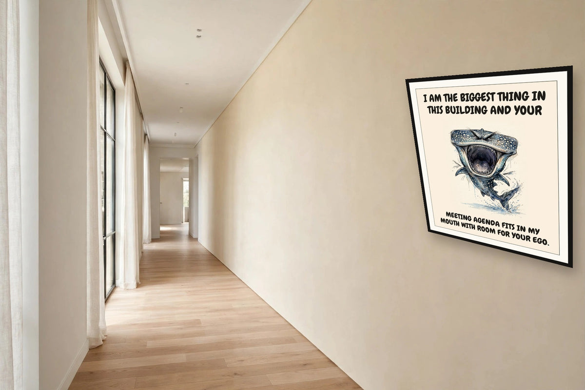 The same print shown hanging in an office — frame for display only, not included