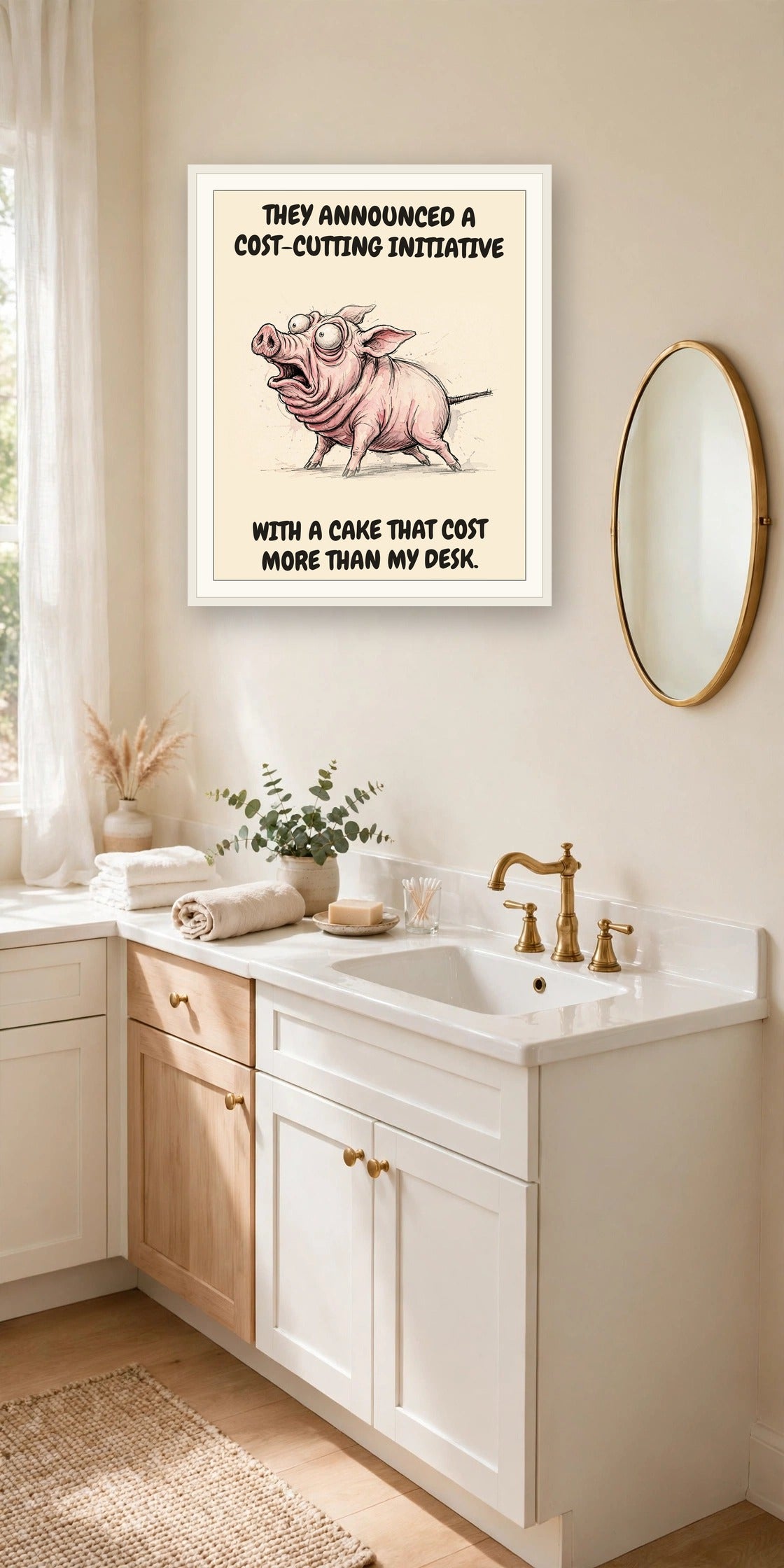 The same print shown hanging in an office — frame for display only, not included