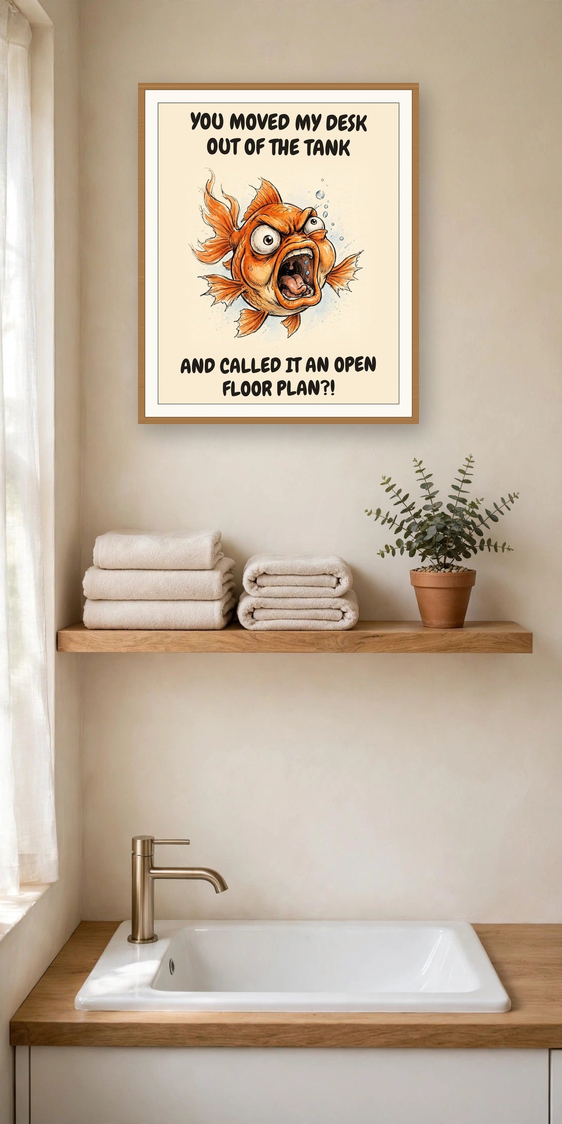 The same print shown hanging in an office — frame for display only, not included