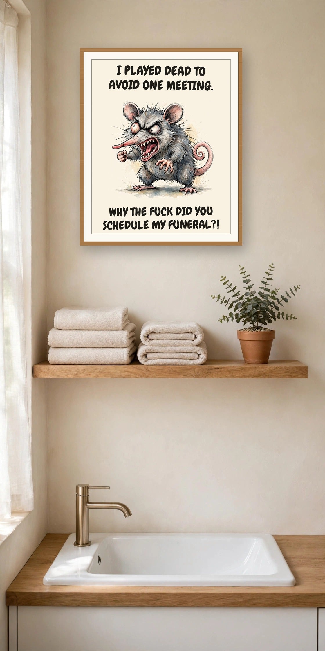 The same print shown hanging in an office — frame for display only, not included
