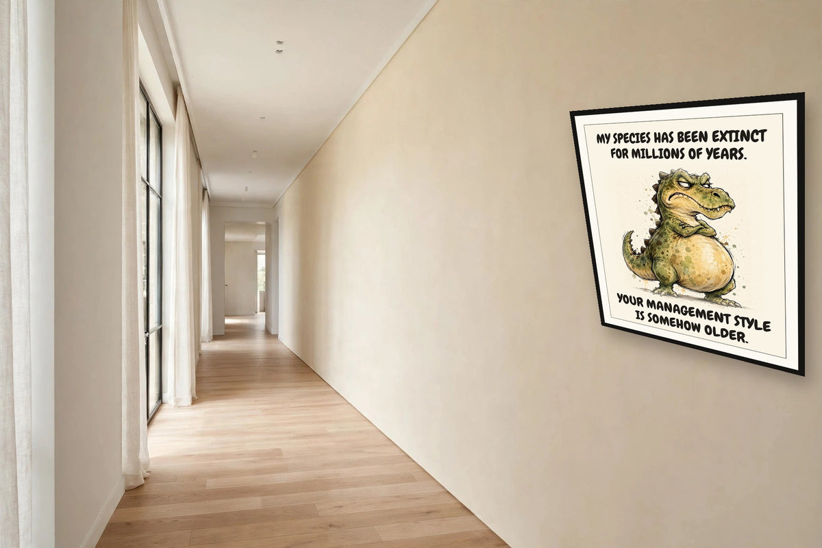 The same print shown hanging in an office — frame for display only, not included