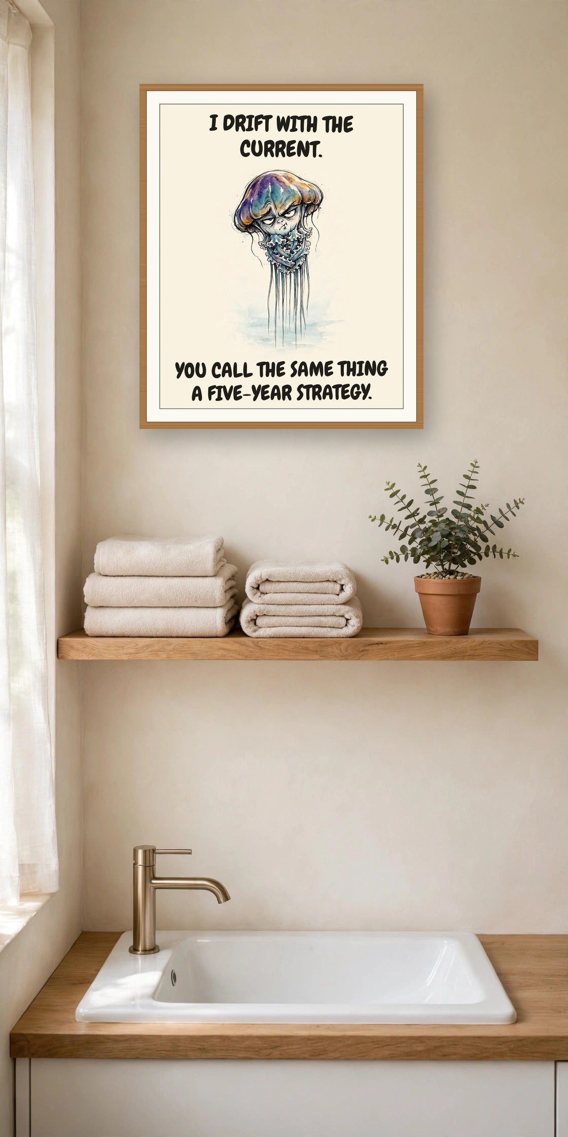 The same print shown hanging in an office — frame for display only, not included
