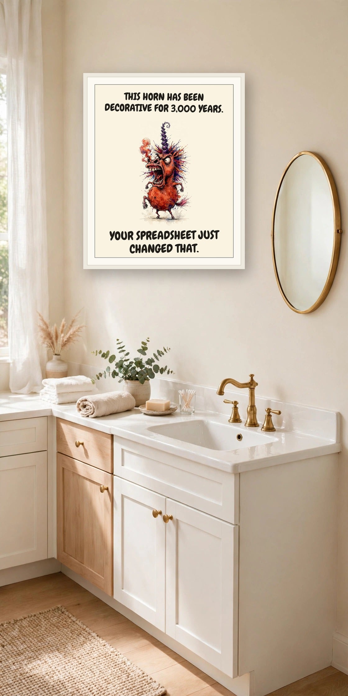 The same print shown hanging in an office — frame for display only, not included