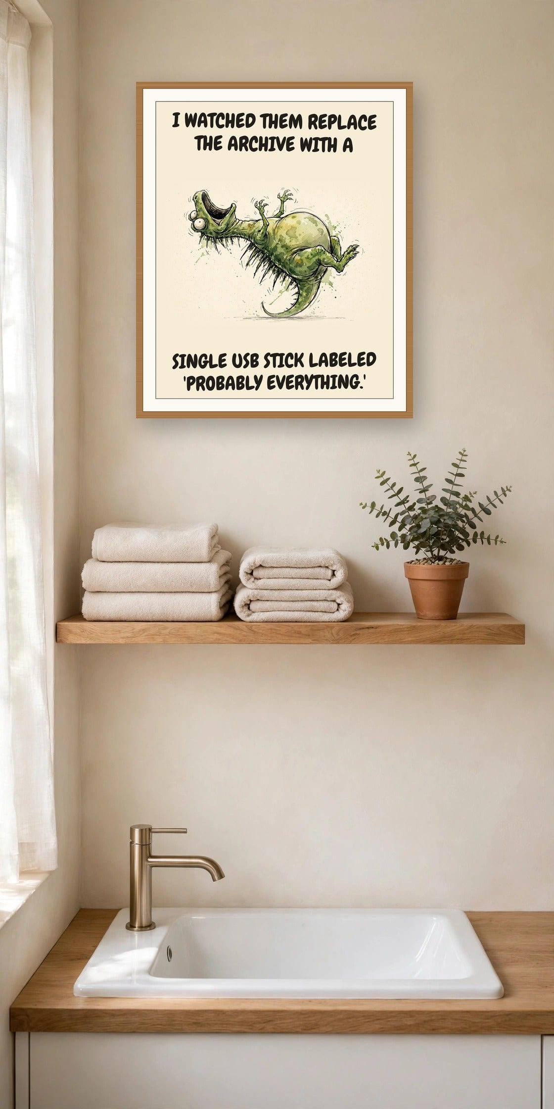 The same print shown hanging in an office — frame for display only, not included