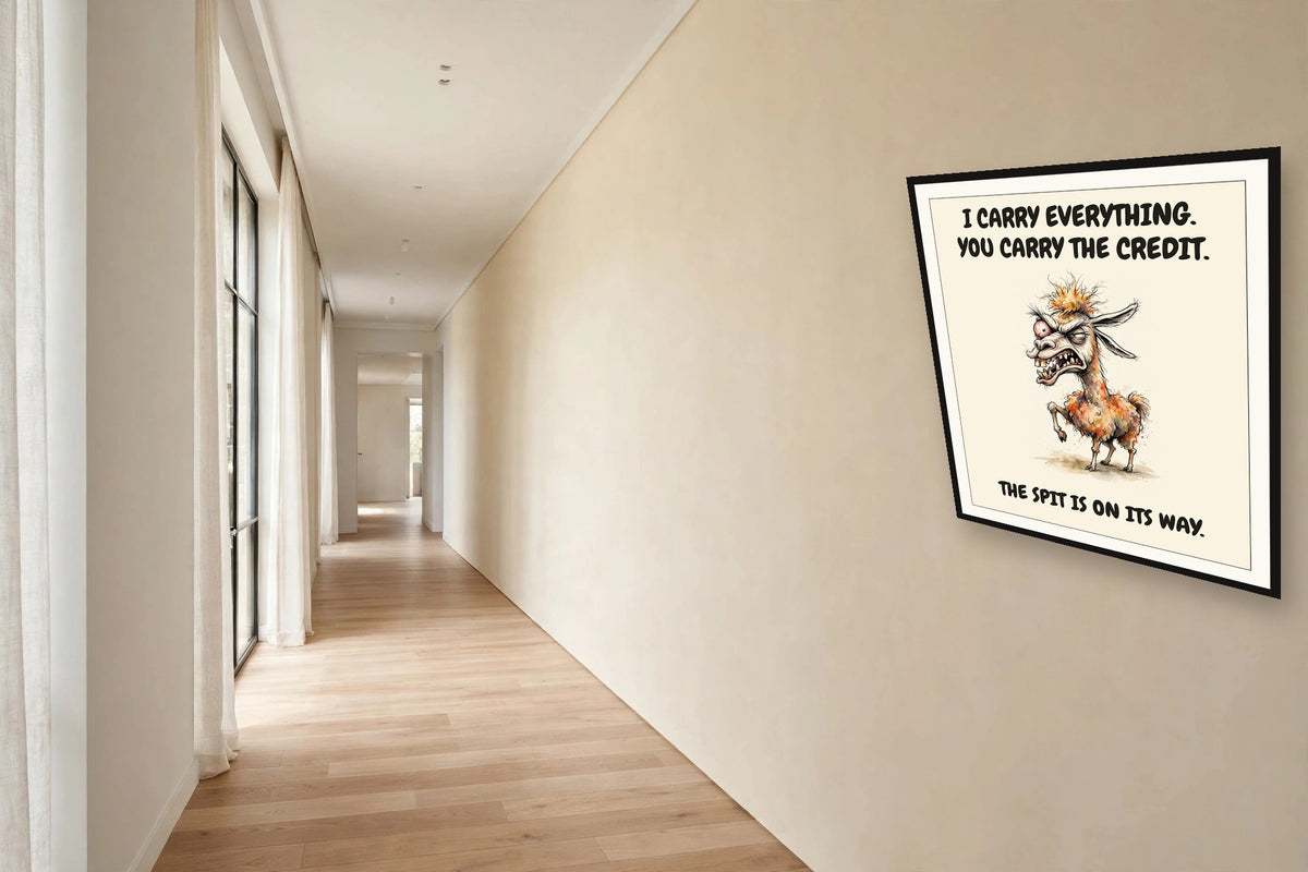 The same print shown hanging in an office — frame for display only, not included