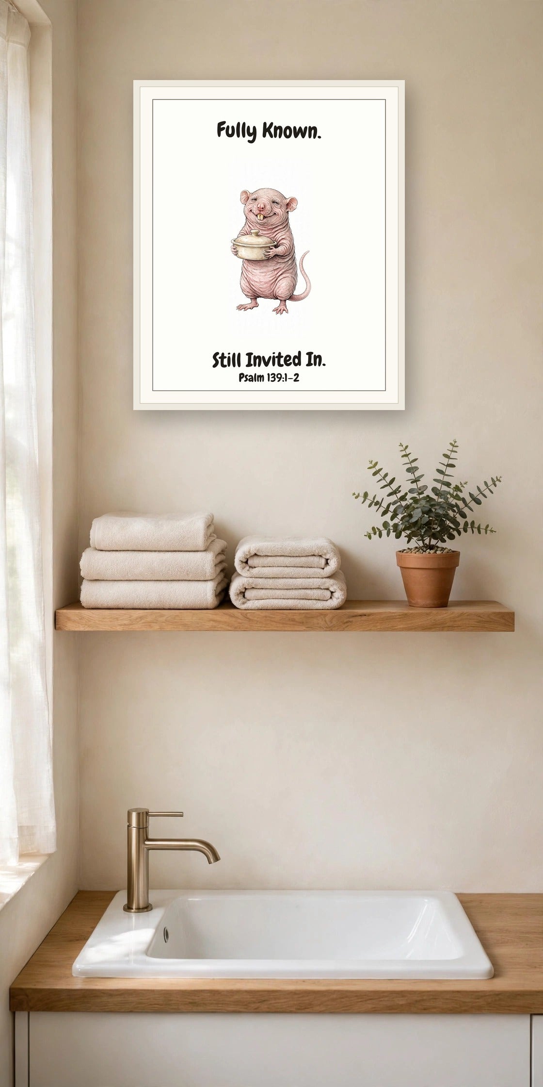 The same print shown hanging on a wall — frame for display only, not included
