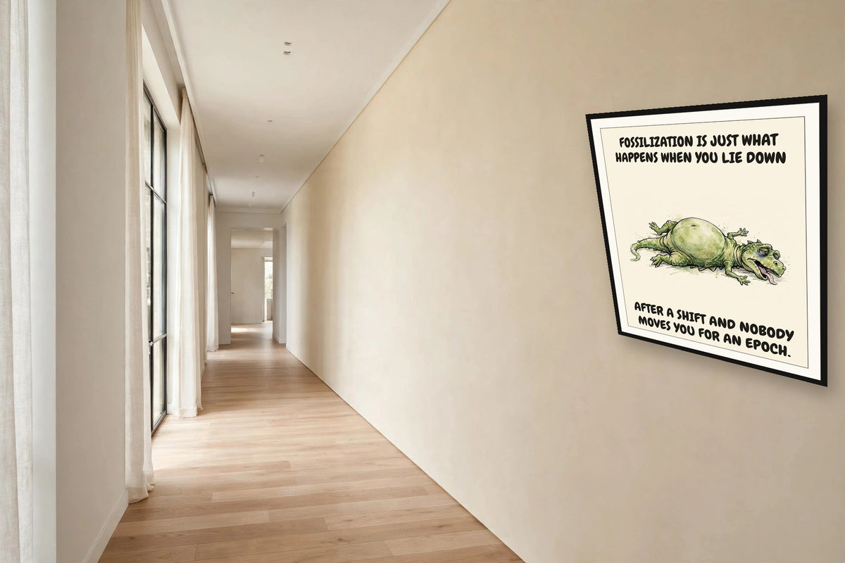 The same print shown hanging in an office — frame for display only, not included