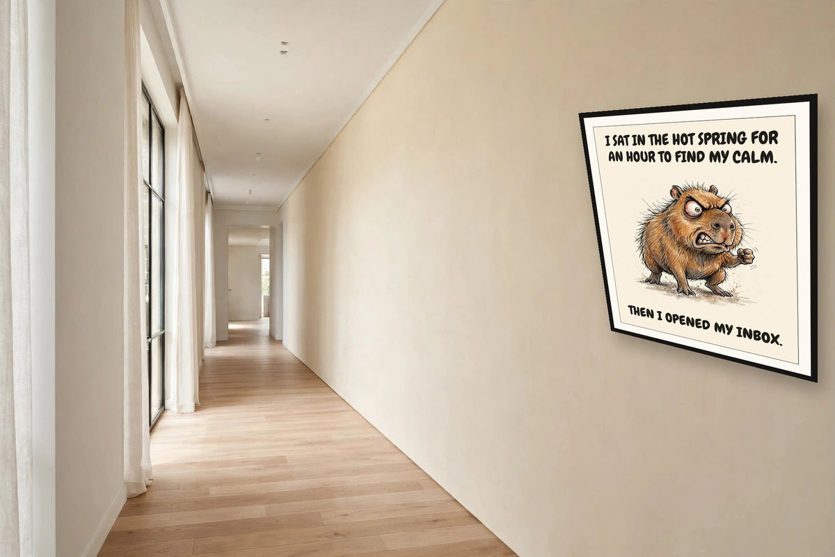 The same print shown hanging in an office — frame for display only, not included