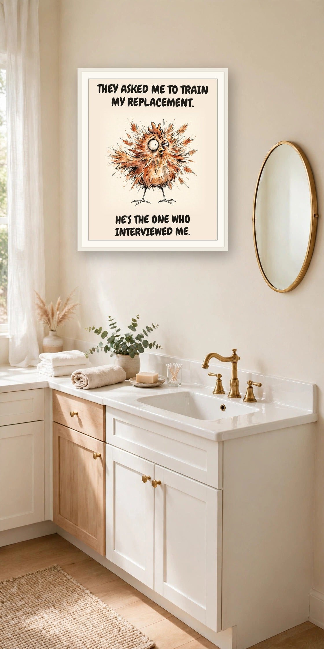 The same print shown hanging in an office — frame for display only, not included