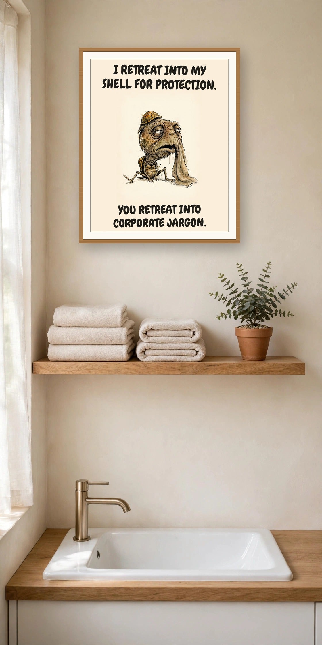 The same print shown hanging in an office — frame for display only, not included