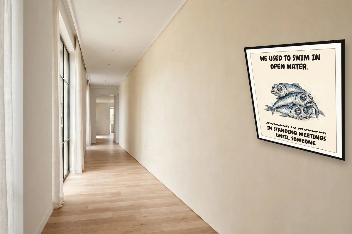 The same print shown hanging in an office — frame for display only, not included