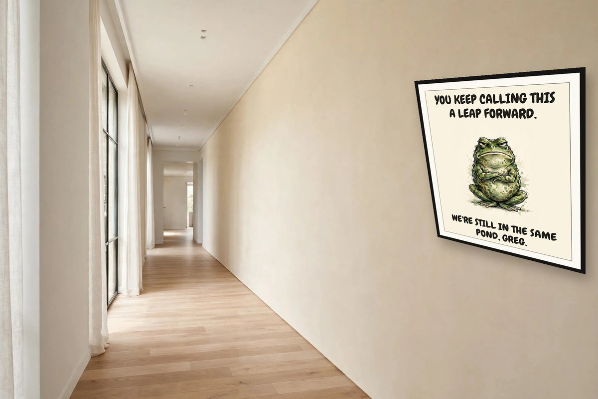 The same print shown hanging in an office — frame for display only, not included