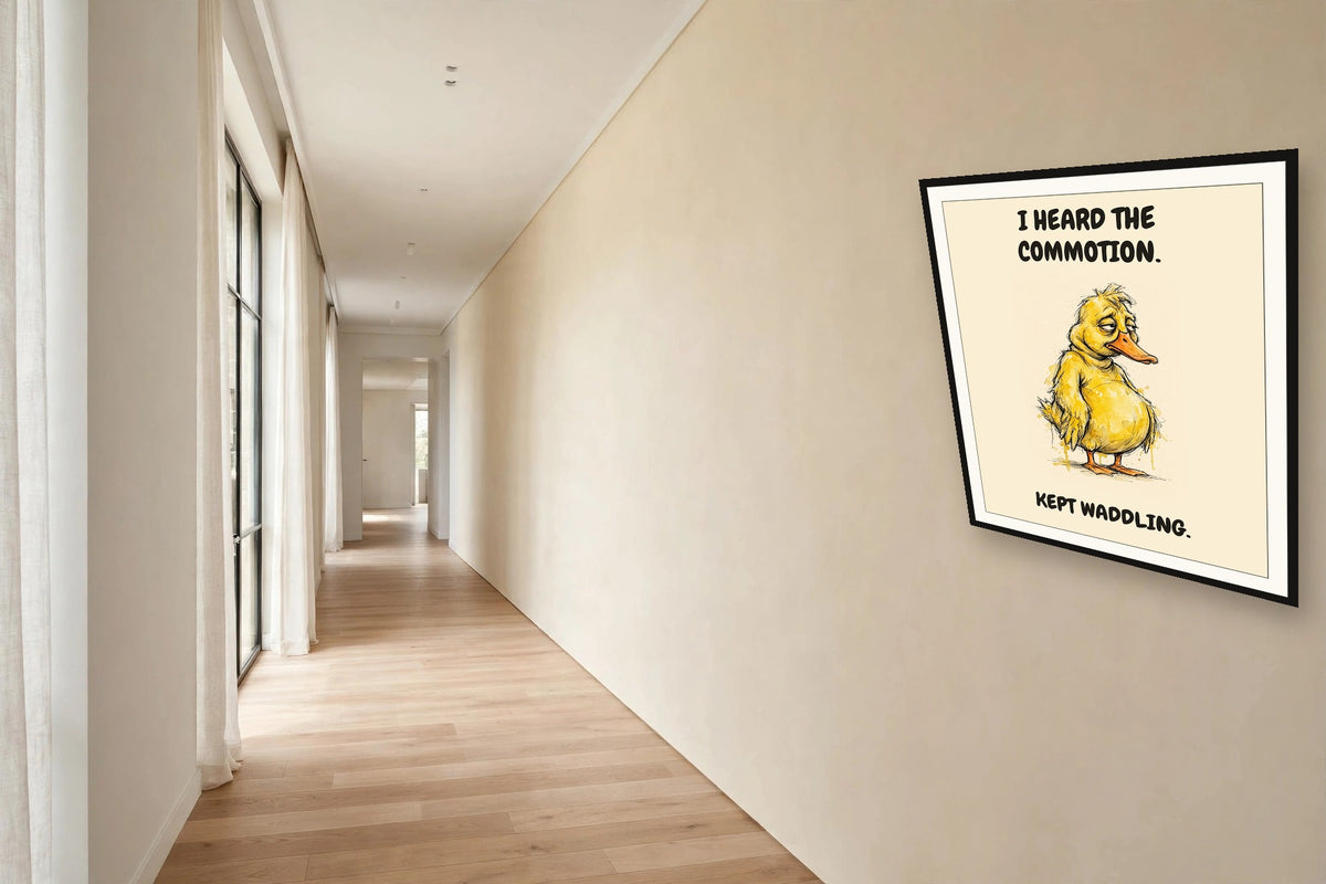 The same print shown hanging in an office — frame for display only, not included
