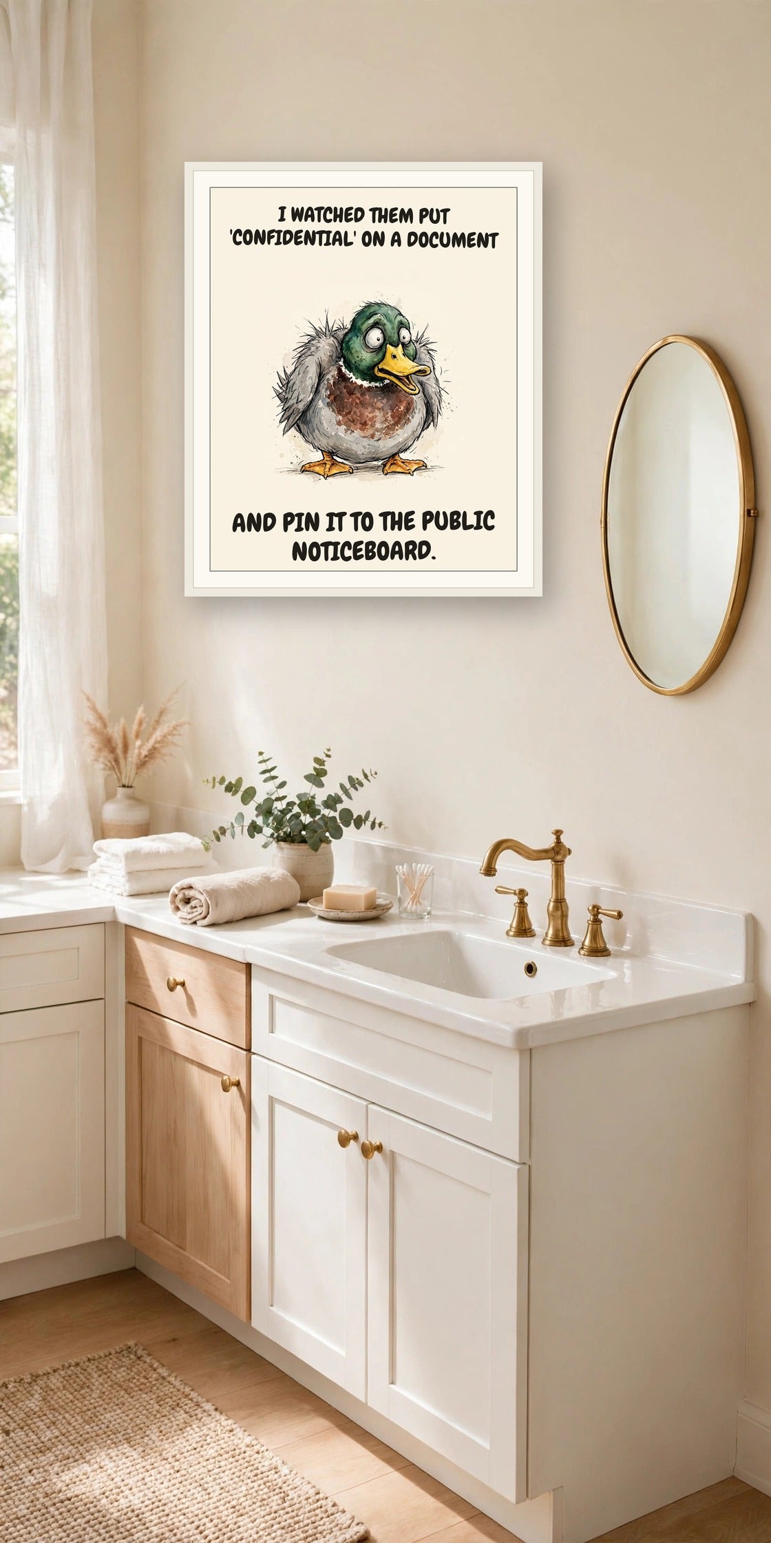 The same print shown hanging in an office — frame for display only, not included