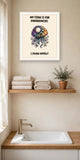 The same print shown hanging in a bathroom — frame for display only, not included