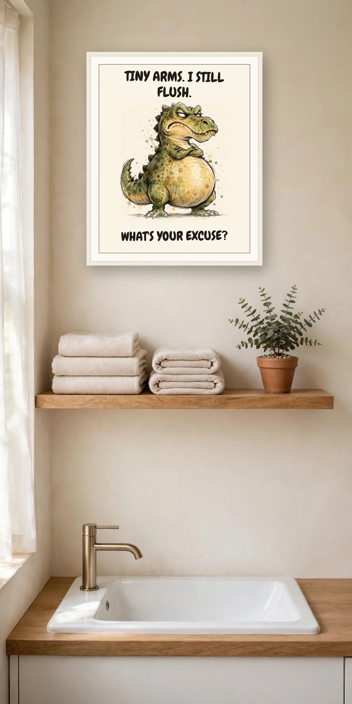 The same print shown hanging in a bathroom — frame for display only, not included