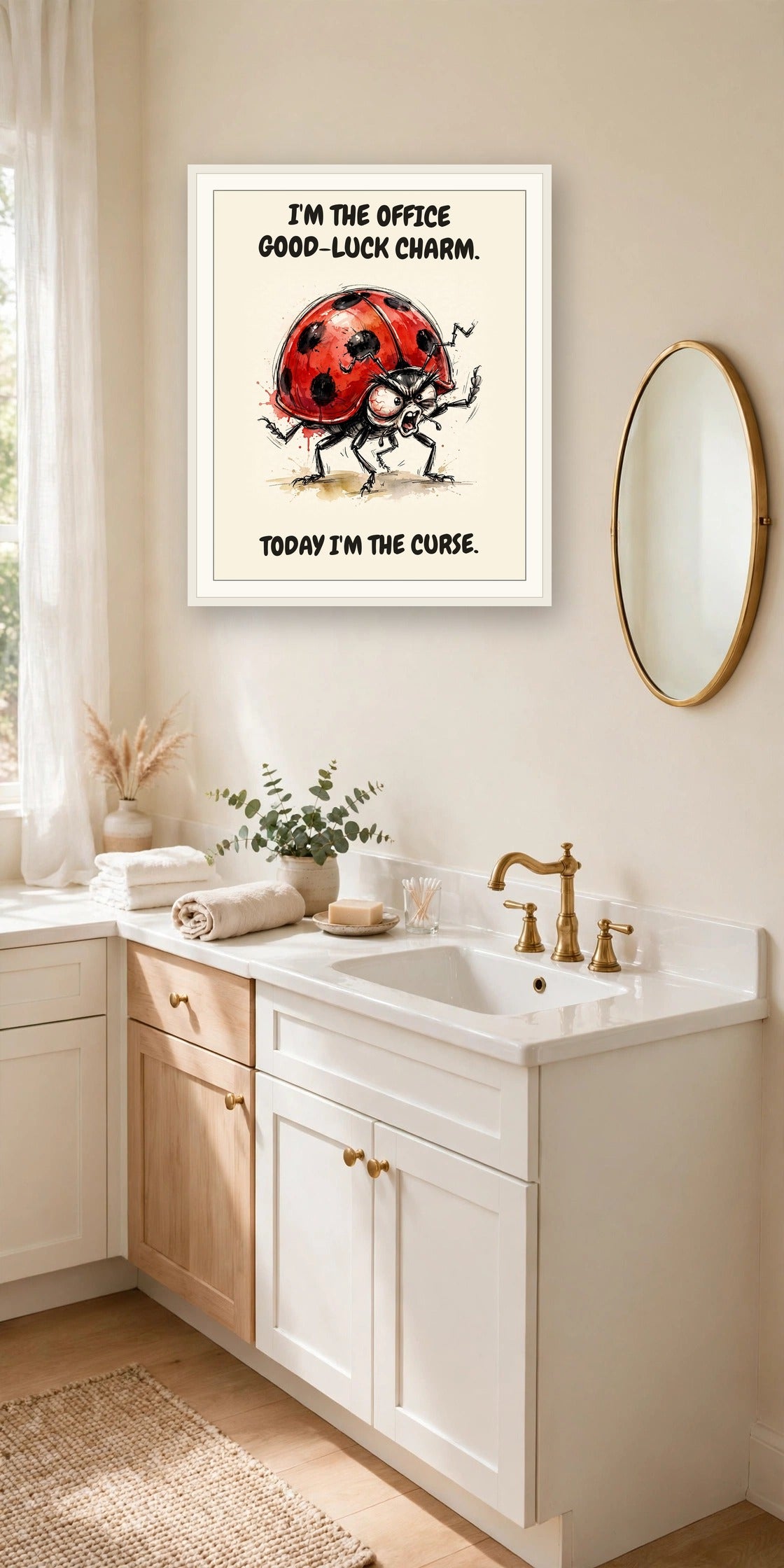 The same print shown hanging in an office — frame for display only, not included