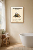 The same print shown hanging in a bathroom — frame for display only, not included