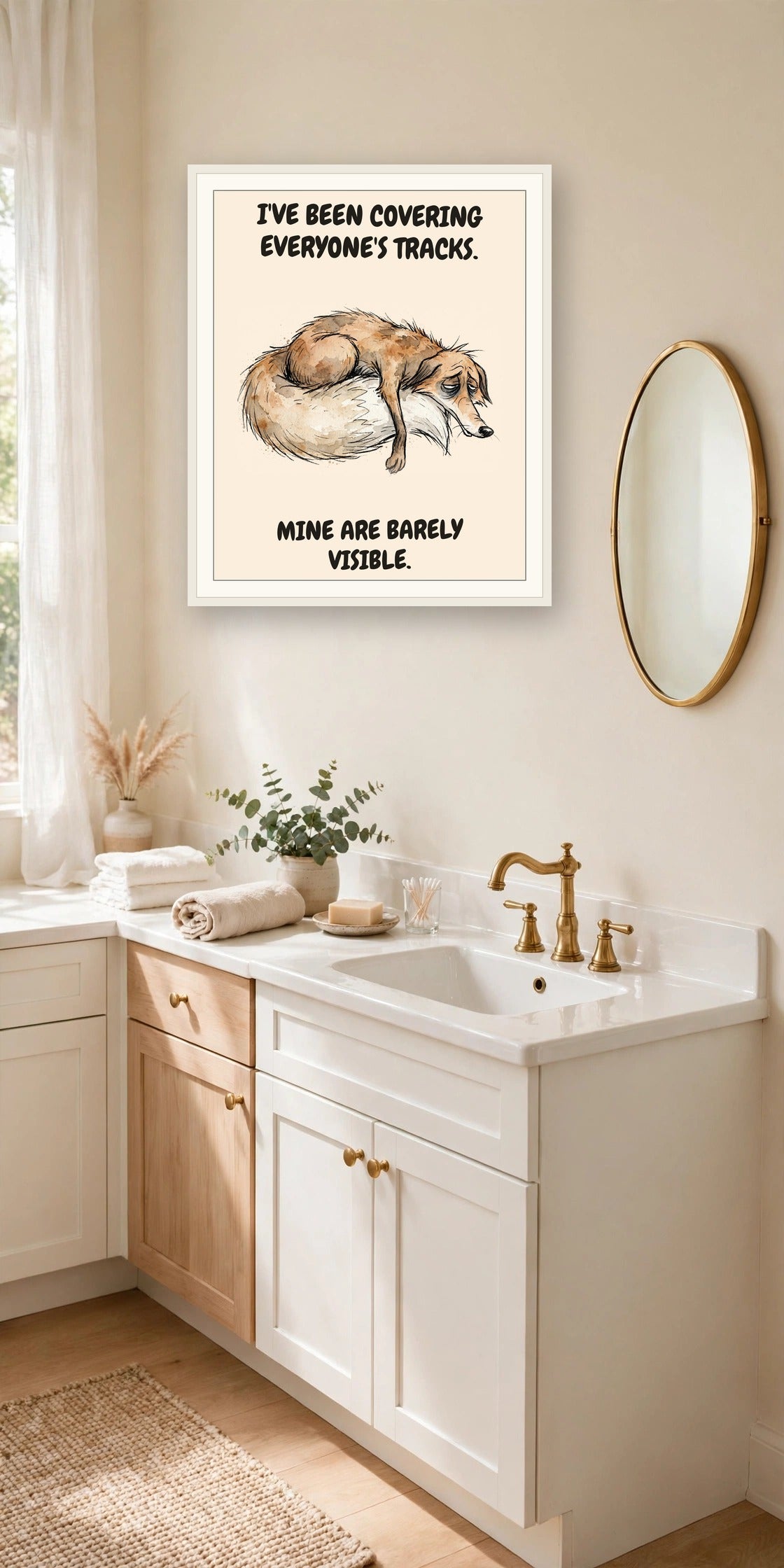 The same print shown hanging in an office — frame for display only, not included