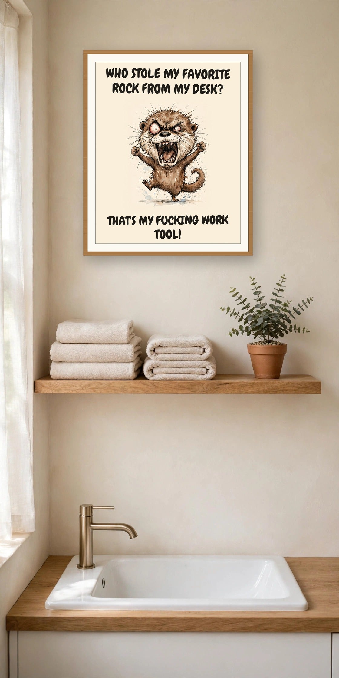 The same print shown hanging in an office — frame for display only, not included