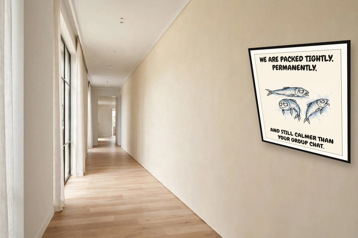 The same print shown hanging in an office — frame for display only, not included