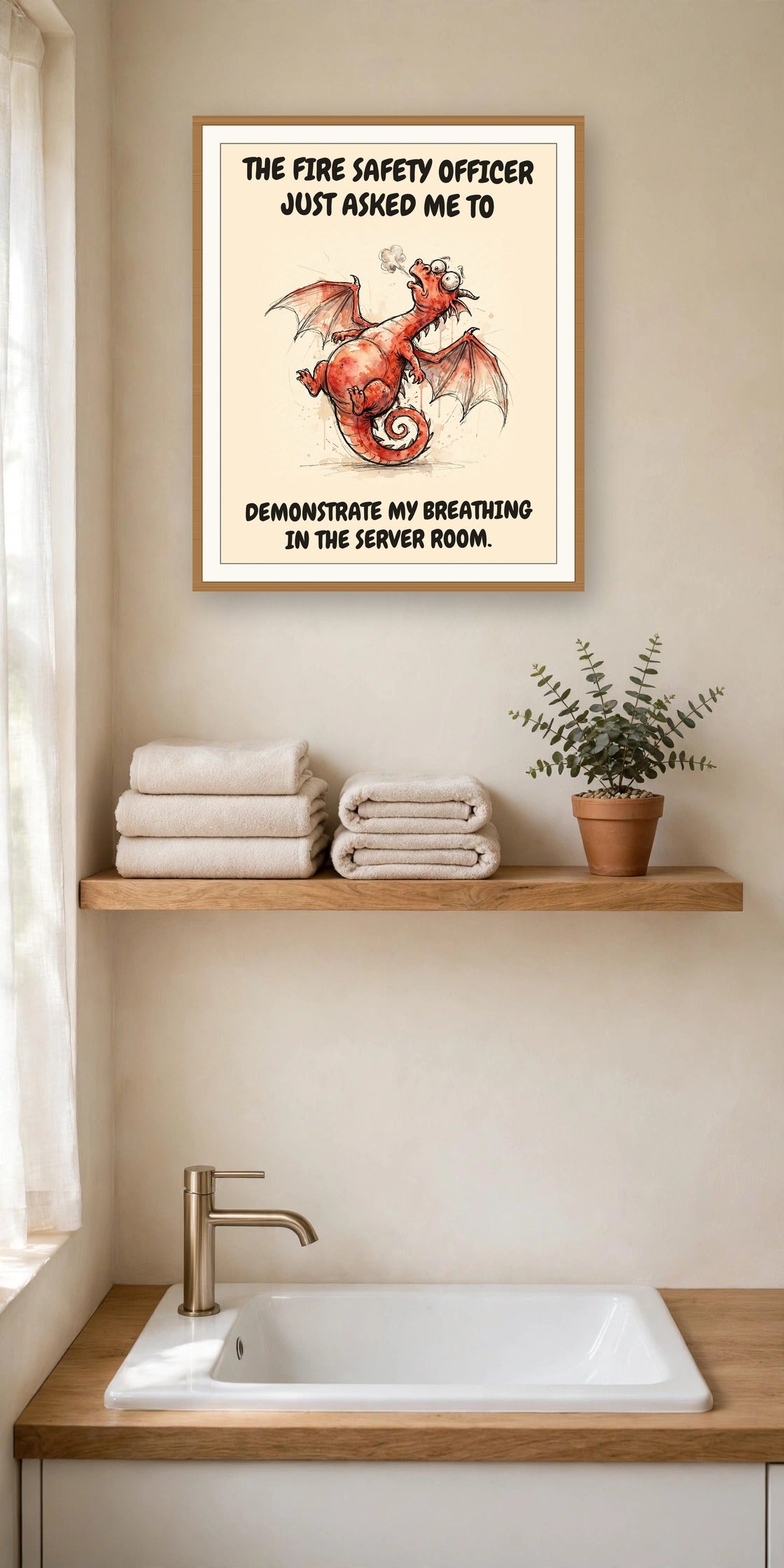 The same print shown hanging in an office — frame for display only, not included