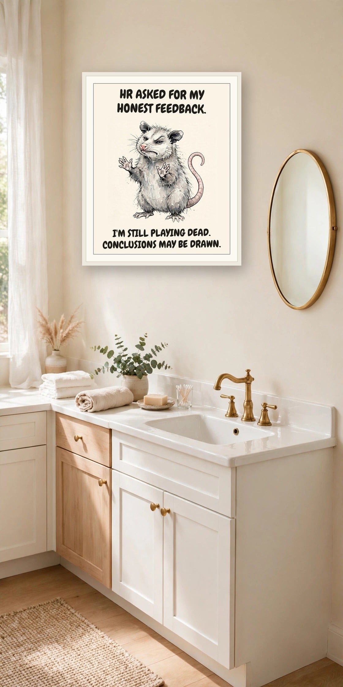 The same print shown hanging in an office — frame for display only, not included