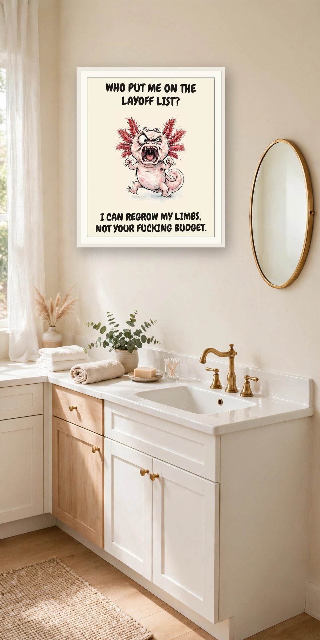 The same print shown hanging in an office — frame for display only, not included