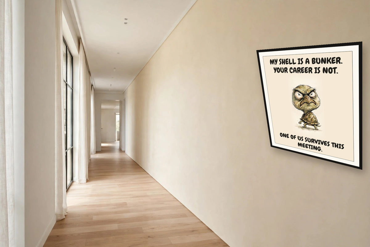 The same print shown hanging in an office — frame for display only, not included