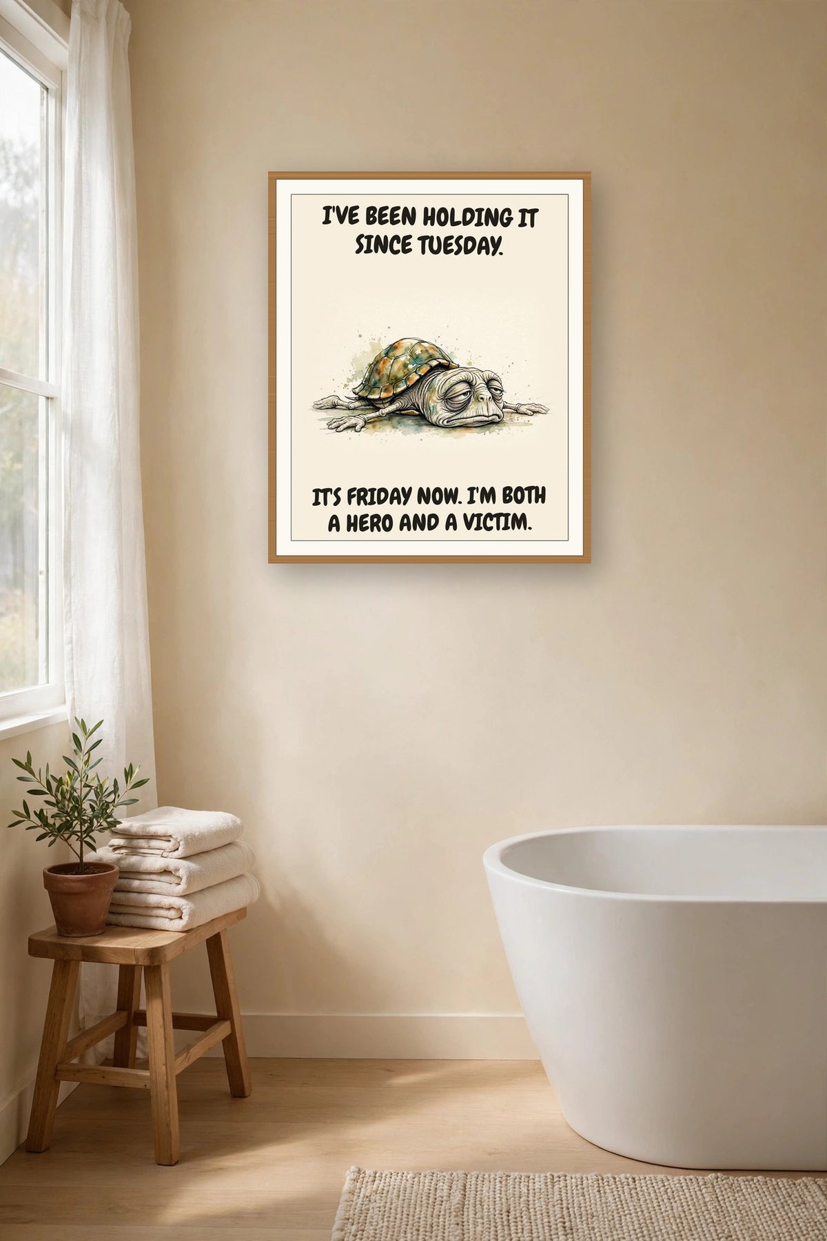 The same print shown hanging in a bathroom — frame for display only, not included