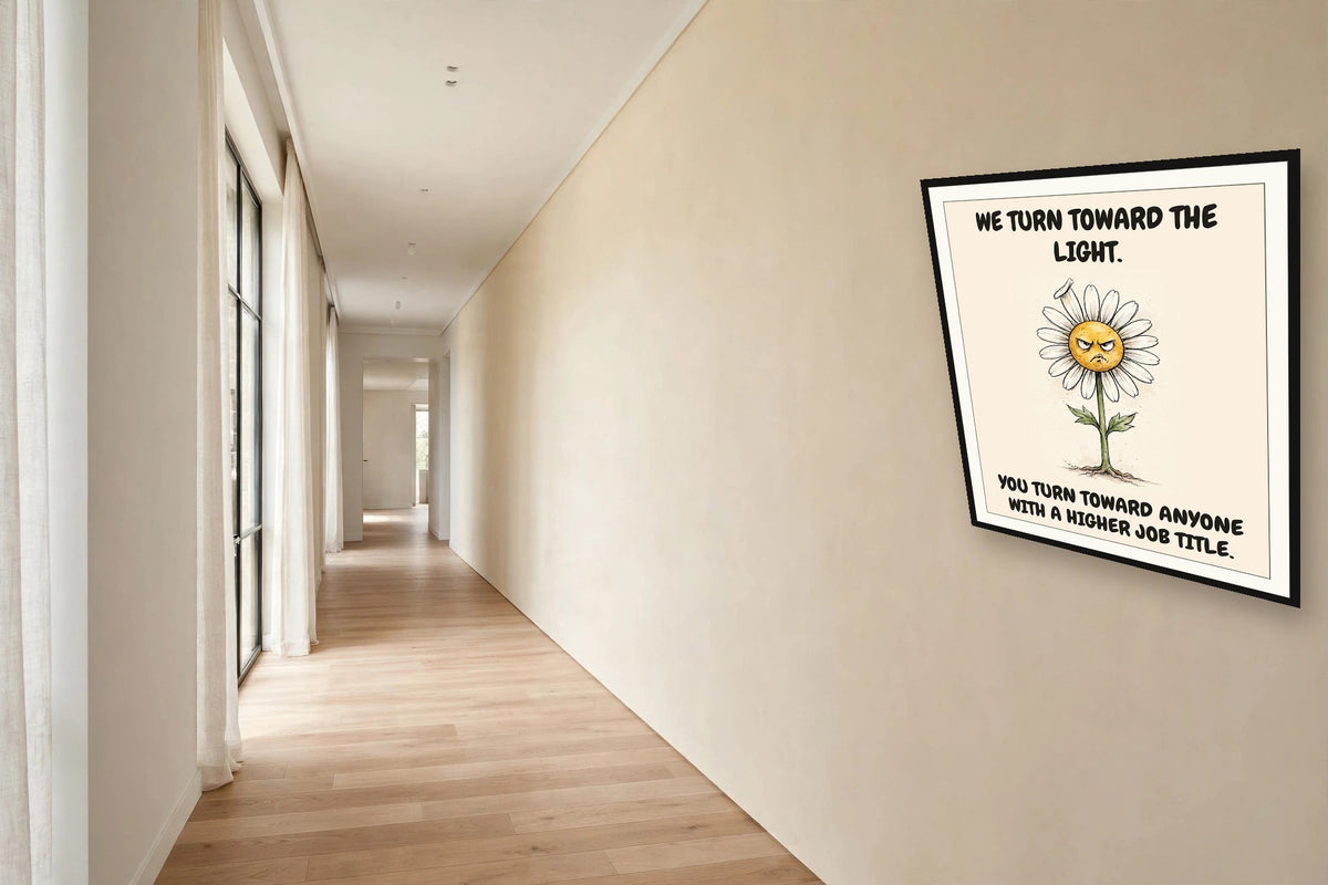 The same print shown hanging in an office — frame for display only, not included
