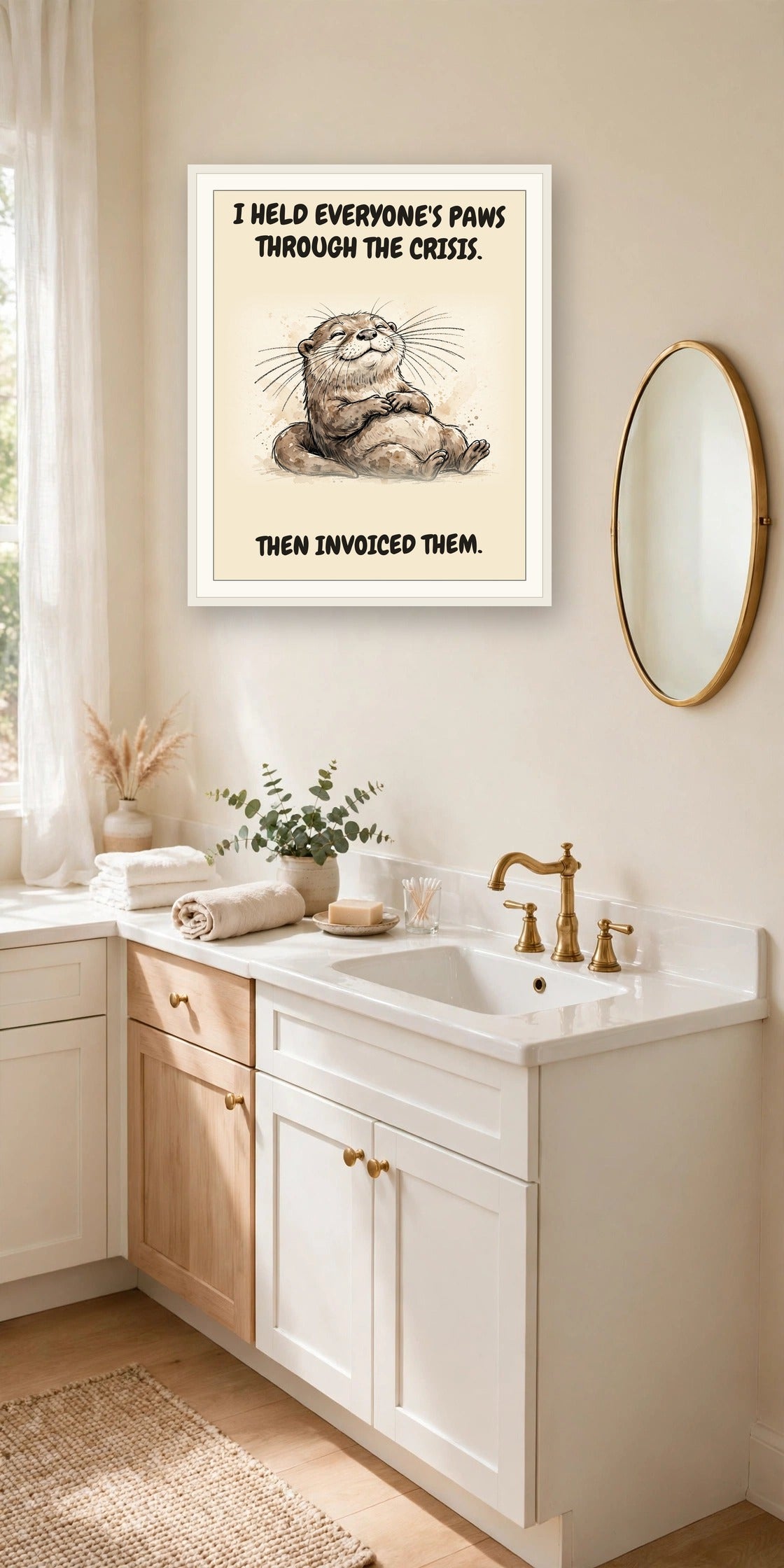 The same print shown hanging in an office — frame for display only, not included