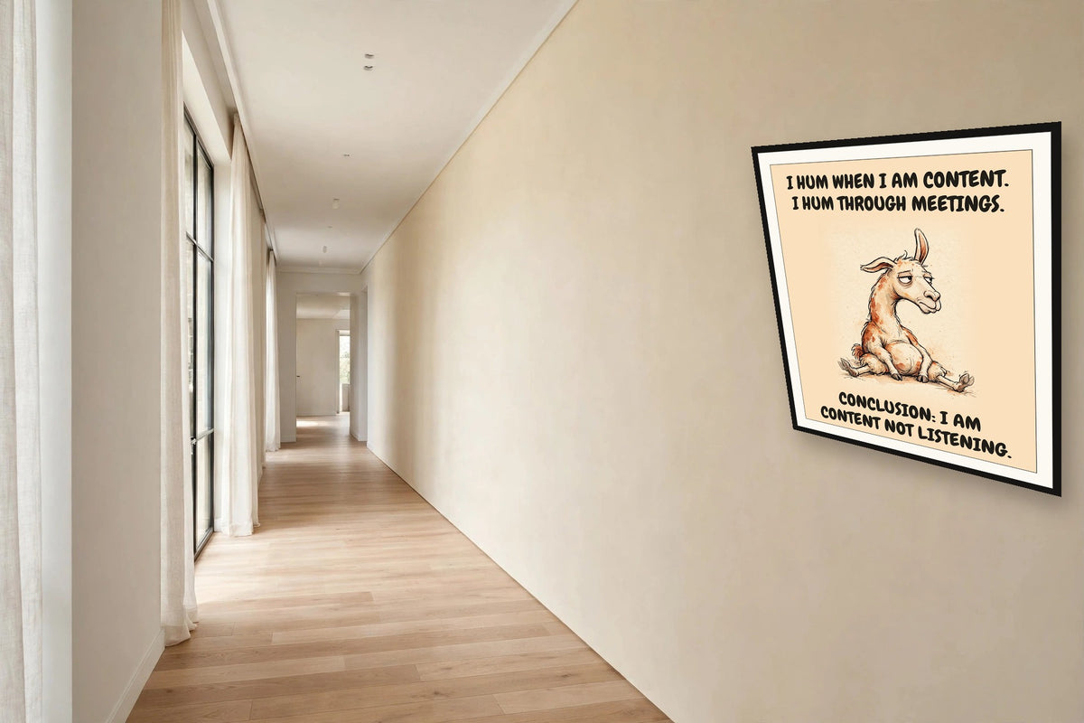 The same print shown hanging in an office — frame for display only, not included