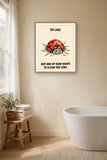 The same print shown hanging in a bathroom — frame for display only, not included