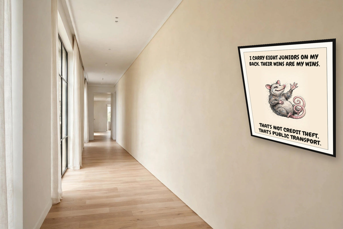 The same print shown hanging in an office — frame for display only, not included