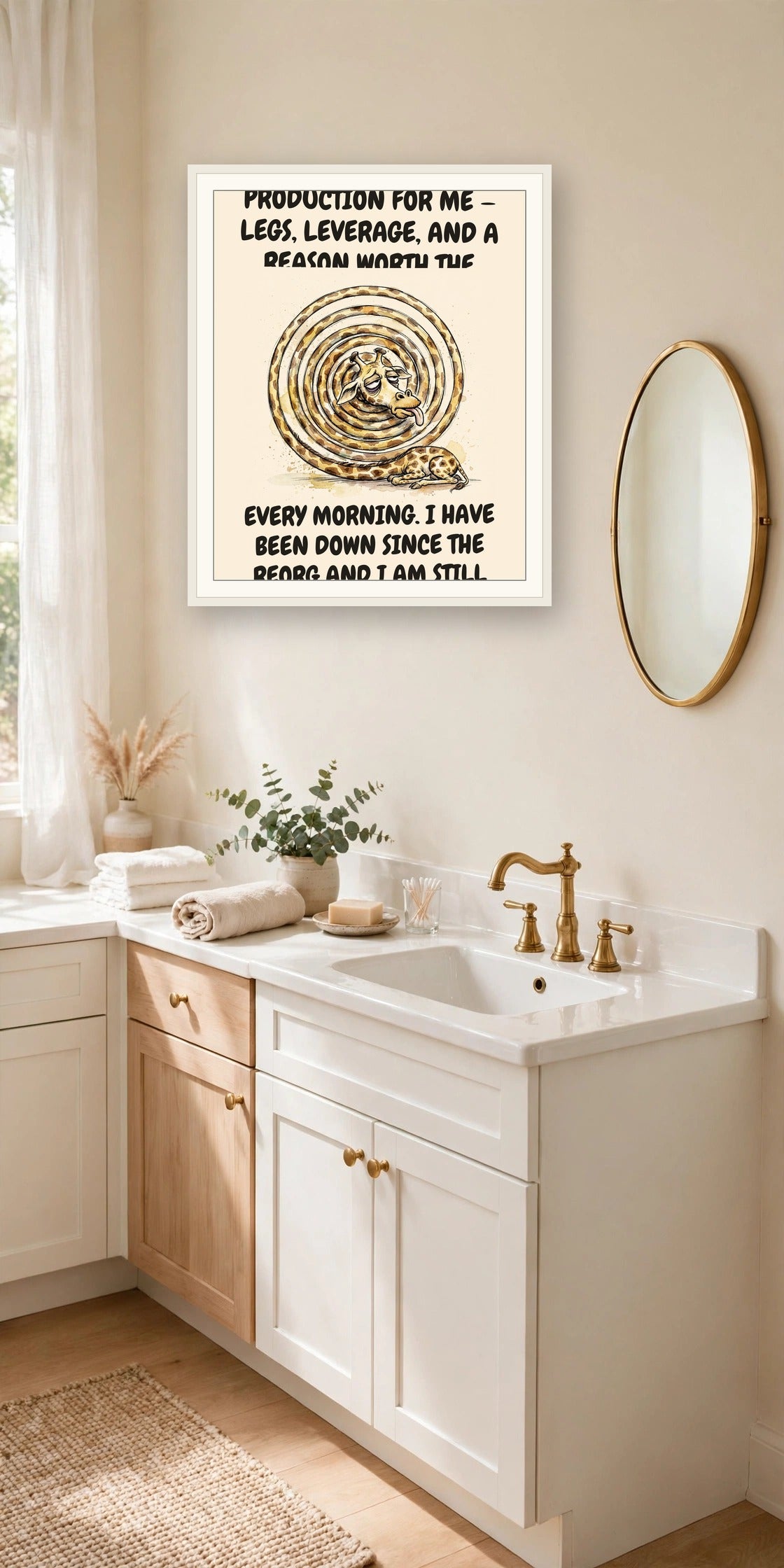 The same print shown hanging in an office — frame for display only, not included