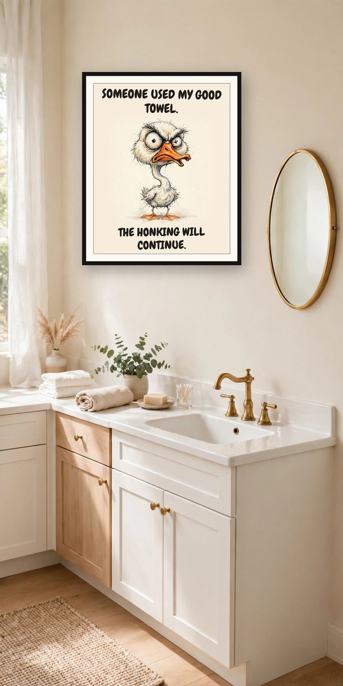 The same print shown hanging in a bathroom — frame for display only, not included