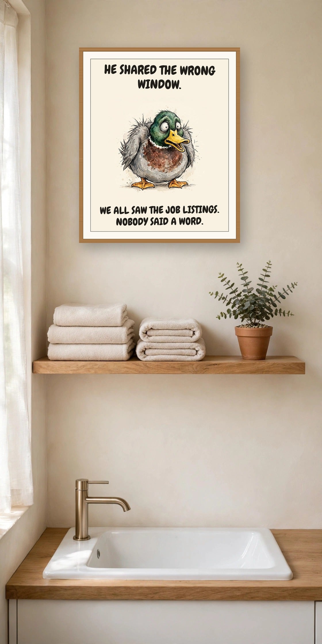The same print shown hanging in an office — frame for display only, not included