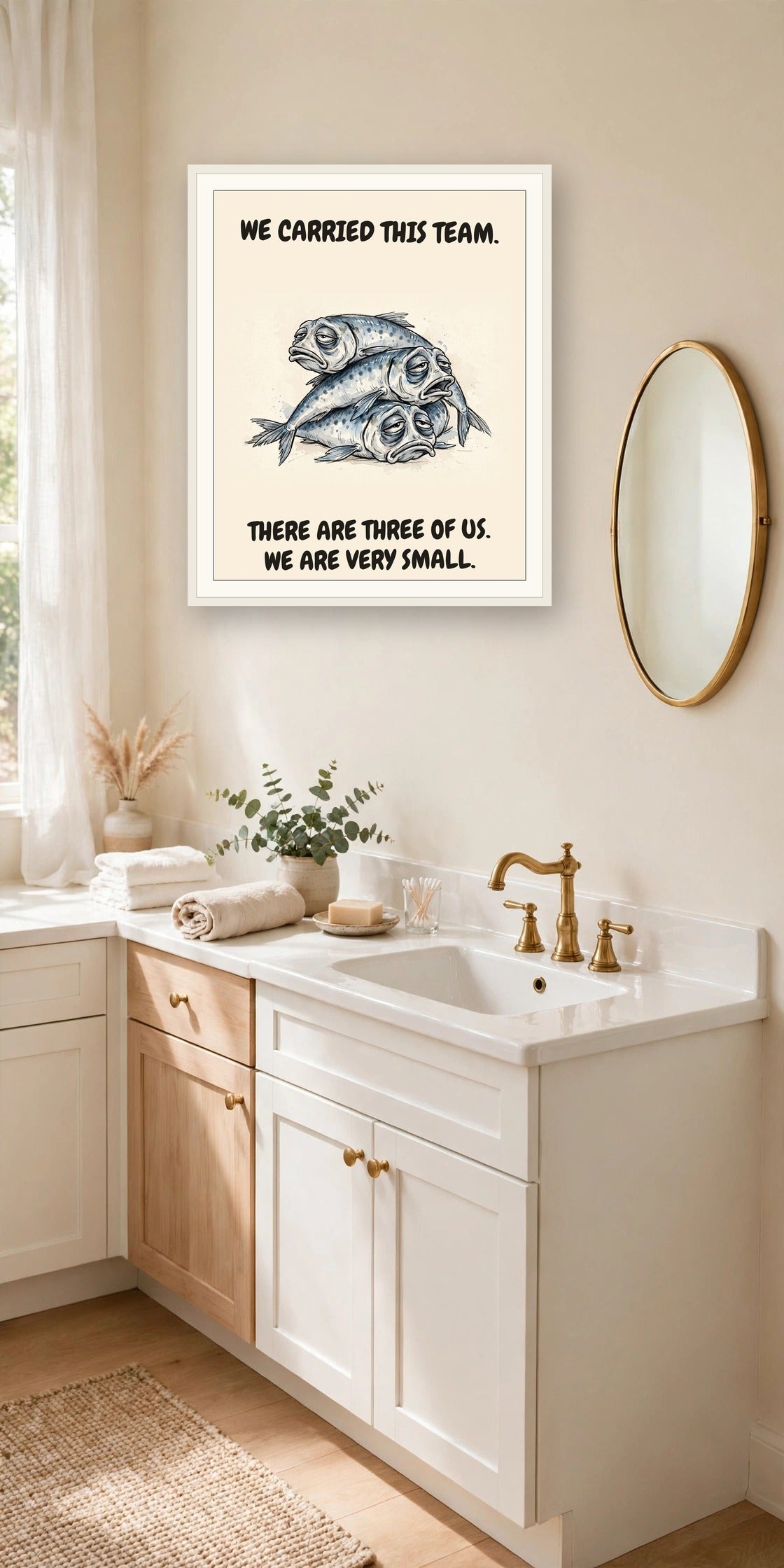 The same print shown hanging in an office — frame for display only, not included