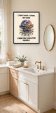 The same print shown hanging in a bathroom — frame for display only, not included