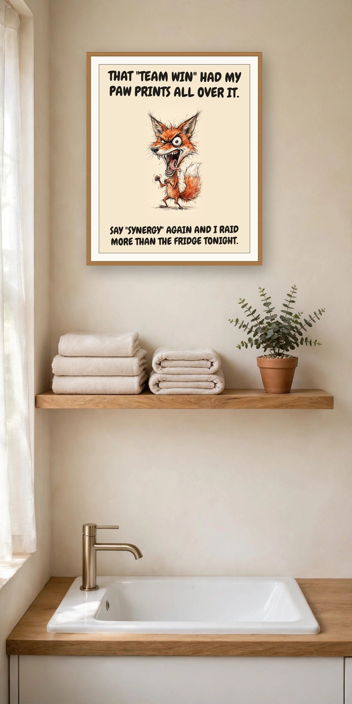 The same print shown hanging in an office — frame for display only, not included