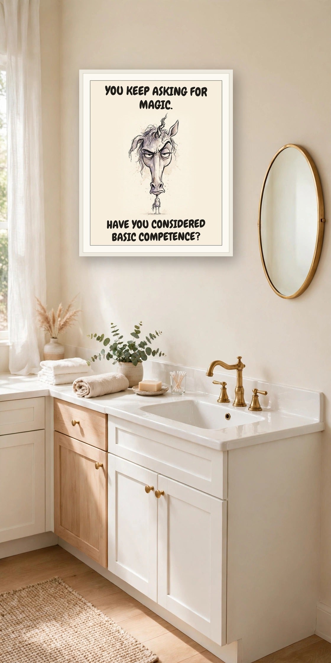 The same print shown hanging in an office — frame for display only, not included