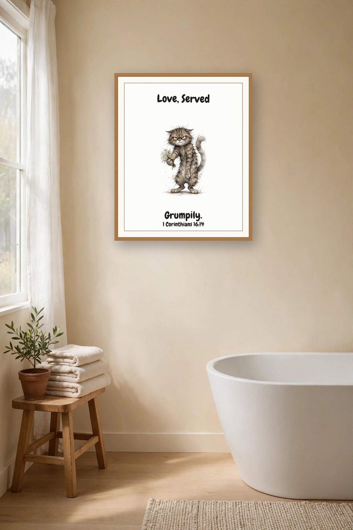 The same print shown hanging on a wall — frame for display only, not included