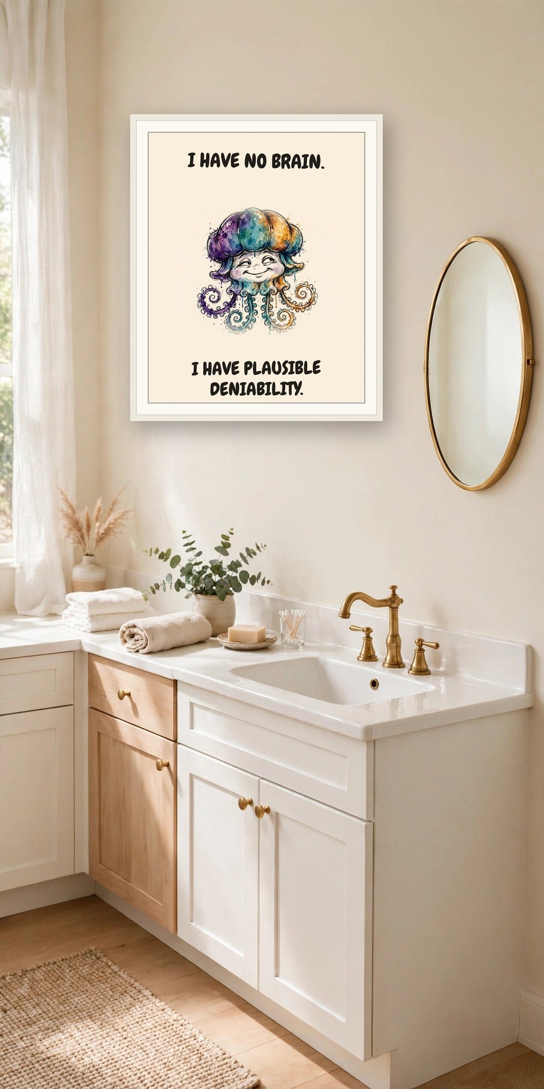 The same print shown hanging in an office — frame for display only, not included