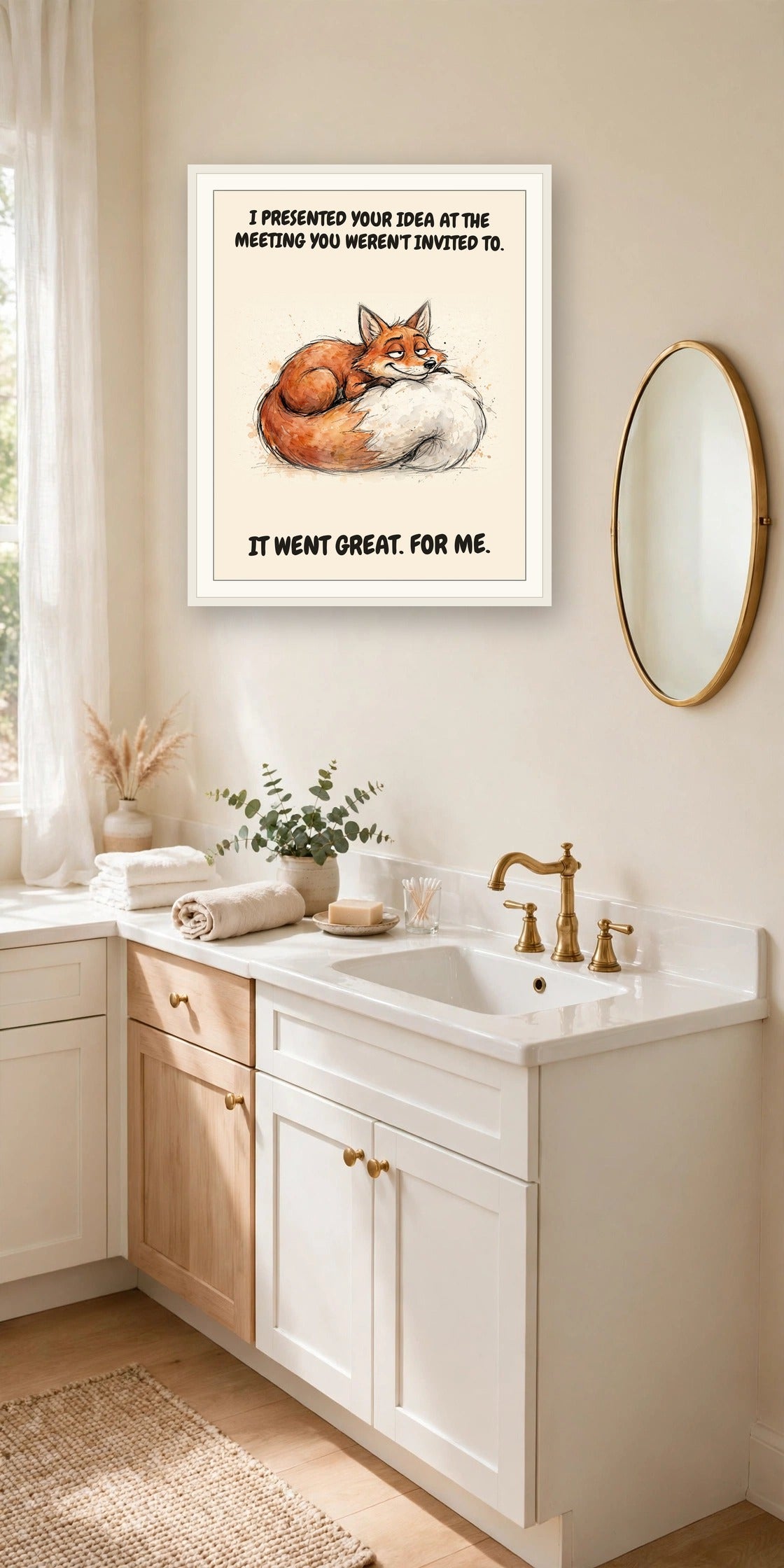 The same print shown hanging in an office — frame for display only, not included