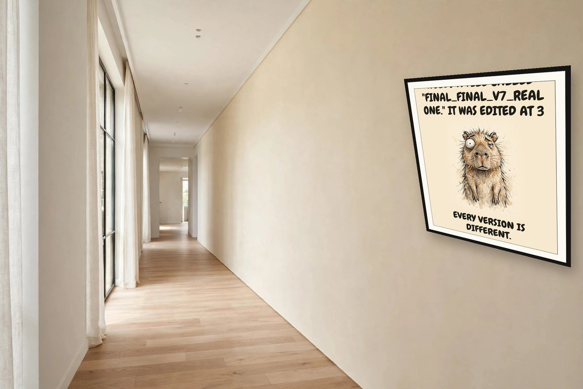 The same print shown hanging in an office — frame for display only, not included