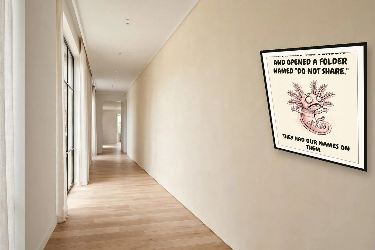 The same print shown hanging in an office — frame for display only, not included