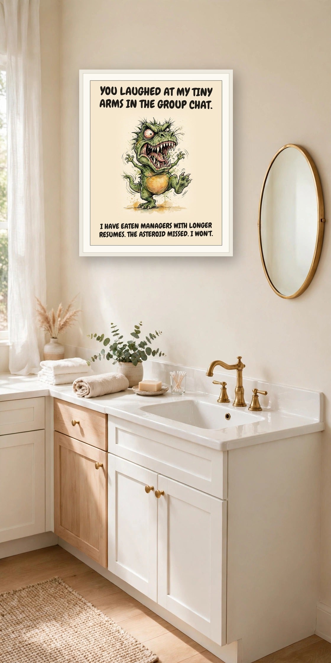 The same print shown hanging in an office — frame for display only, not included